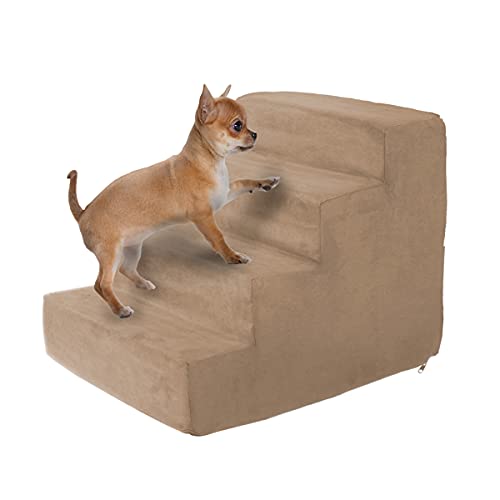 0196220218766 - PET STAIRS – FOAM PET STEPS FOR SMALL DOGS OR CATS, 4 STEP DESIGN, REMOVABLE COVER – NON-SLIP DOG STAIRS FOR HOME AND VEHICLE BY PETMAKER (TAN)