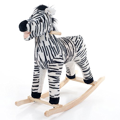 0196220453457 - ZEBRA ROCKING HORSE – PLUSH SAFARI ANIMAL BODY AND SEAT WITH WOODEN ROCKER BASE AND HANDLES FOR AGES 3 AND UP BY HAPPY TRAILS