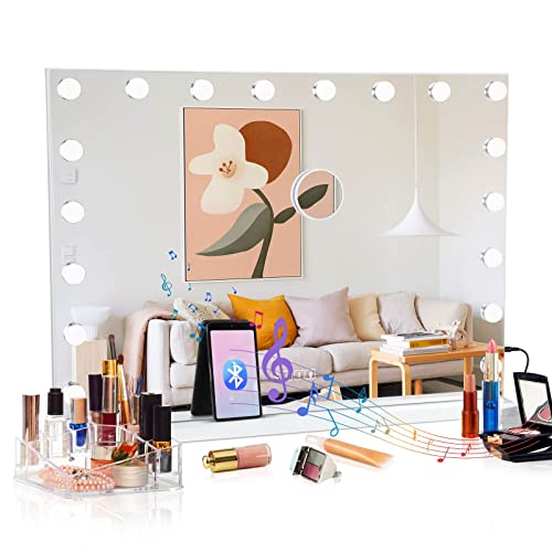 0196336109507 - LARGE HOLLYWOOD BEAUTY MAKEUP MIRROR WITH BLUETOOTH 18 LED BULBS LARGE LIGHTING COSMETIC VANITY 3 COLOR LIGHTING MODES MAKEUP MIRROR WITH USB CHARGING PORT, TOUCHSCREEN, TABLETOP & WALL-MOUNTED