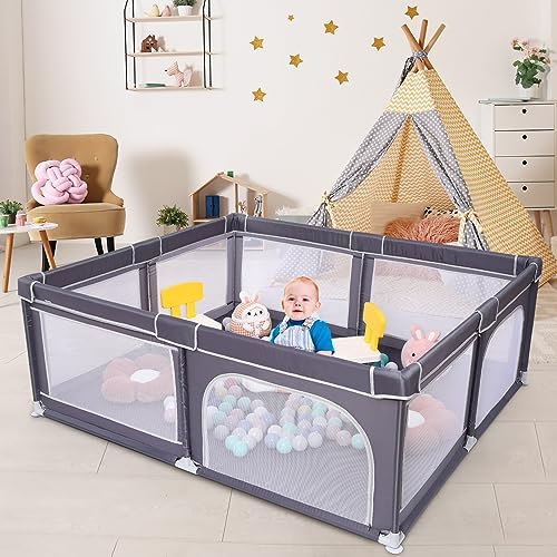 0196336202383 - BABY PLAYPEN, LARGE PLAY PENS FOR TODDLERS 71X59X27,INDOOR OUTDOOR PLAYARD FOR BABIES KIDS ACTIVITY CENTER WITH GATE, STURDY BABY FENCE PLAY YARD WITH SOFT BREATHABLE MESH DARK GREY