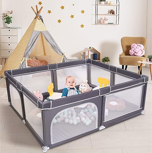 0196336202390 - BABY PLAYPEN, EXTRA LARGE PLAY PENS FOR TODDLERS 79X71X27,INDOOR OUTDOOR PLAYARD FOR BABIES KIDS ACTIVITY CENTER WITH GATE, STURDY BABY FENCE PLAY YARD WITH SOFT BREATHABLE MESH DARK GREY