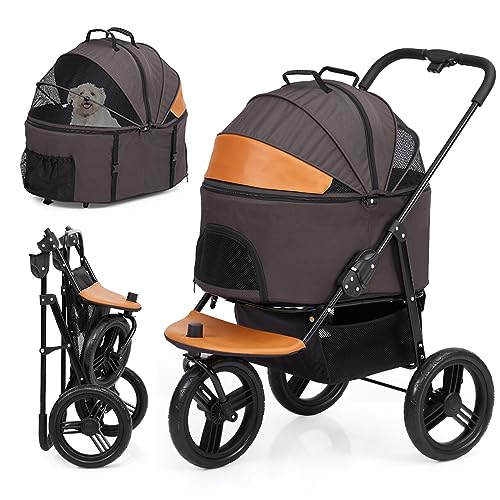 0196336214553 - FOLDABLE PET STROLLER, 3-IN-1 MEDIUM DOG STROLLER, PET TRAVEL CARRIAGE WITH DETACHABLE CARRIER, 3 WHEELS PET STROLLING CART FOR SMALL/MEDIUM DOGS AND CATS 60 LBS, STORAGE BASKET