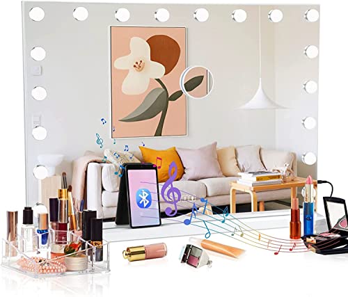 0196336564580 - LARGE HOLLYWOOD BEAUTY MAKEUP MIRROR WITH BLUETOOTH 18 LED BULBS LARGE LIGHTING COSMETIC VANITY 3 COLOR LIGHTING MODES MAKEUP MIRROR WITH USB CHARGING PORT, TOUCHSCREEN, TABLETOP & WALL-MOUNTED