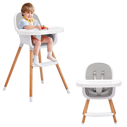 0196336656728 - BABEVY CONVERTIBLE BABY HIGH CHAIR, 4 IN 1 WOODEN HIGHCHAIR/BOOSTER/CHAIR WITH 2 REMOVABLE TRAY, ADJUSTABLE LEGS, 5-POINT HARNESS, DETACHABLE PU CUSHION, AND FOOTREST FOR BABY, INFANTS, TODDLERS