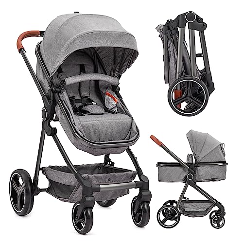 0196336686534 - BABEVY 2 IN 1 HIGH LANDSCAPE CONVERTIBLE BABY STROLLER, FOLDABLE PUSHCHAIR, NEWBORN REVERSIBLE BASSINET PRAM WITH ADJUSTABLE CANOPY, ALUMINUM STRUCTURE, 5-POINT HARNESS FOR INFANT & TODDLER (GRAY)