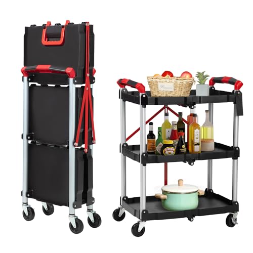 0196336850829 - FOLDABLE UTILITY SERVICE CART, 3 SHELF 168LBS HEAVY DUTY PLASTIC ROLLING CART WITH 360° SWIVEL WHEELS (2 WITH BRAKES), ERGONOMIC HANDLE, PORTABLE GARAGE TOOL CART FOR WAREHOUSE OFFICE HOME, BLACK