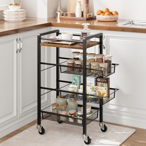 0196336913234 - 4 TIER SLIM ROLLING STORAGE CART, KITCHEN CART WITH WHEELS, NARROW LAUNDRY ROOM BATHROOM CART, SKINNY SNACK CART, UTILITY CART ON WHEELS, MOBILE SKINNY SHELF FOR SMALL SPACES, 7.9 WIDE