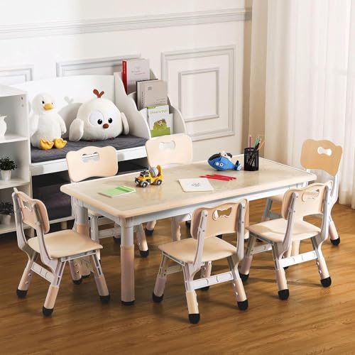 0196336918284 - GAOMON KIDS TABLE AND 6 CHAIR SET,HEIGHT ADJUSTABLE TODDLER ARTS & CRAFTS TABLE AND CHAIR SET FOR AGES 2-10,MAX 330LBS KIDS ACTIVITY ART TABLE FOR CLASSROOM DAYCARES,HOME