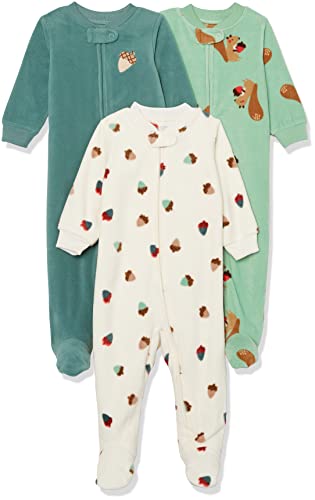 0196433759223 - AMAZON ESSENTIALS UNISEX BABIES MICROFLEECE FOOTED ZIP-FRONT SLEEP AND PLAY, PACK OF 3, IVORY, FOREST FRIENDS, 9 MONTHS
