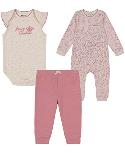 0196601333262 - JUICY COUTURE BABY GIRLS THREE 3 PIECES PANT SET, HEATHER/EGGNOG/ROSE, 6/9M US