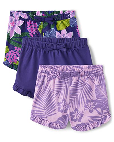 0196733455467 - THE CHILDRENS PLACE BABY GIRLS PULL ON EVERYDAY SHORTS 3 PACK, FLORAL/PURPLE/PURPLE PALM PRINT, 3-6 MONTHS