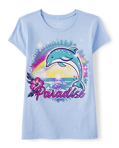0196733497788 - THE CHILDRENS PLACE GIRLS SHORT SLEEVE GRAPHIC T-SHIRT, BLUE DOLPHIN, MEDIUM