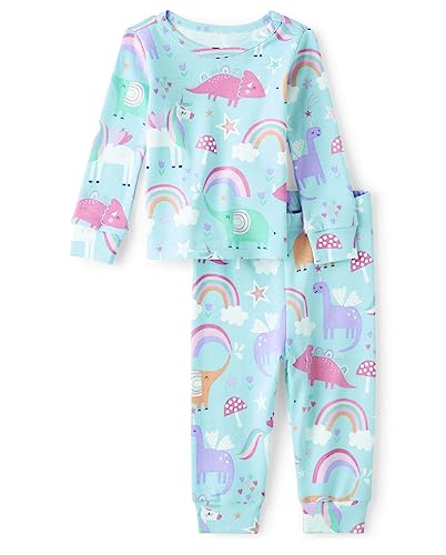 0196733594494 - THE CHILDRENS PLACE BABY GIRLS AND TODDLER LONG SLEEVE TOP AND PANTS SNUG FIT 100% COTTON 2 PIECE PAJAMA SET, RAINBOW DINO
