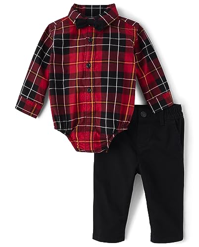 0196733898745 - THE CHILDRENS PLACE BABY BOYS AND NEWBORN LONG SLEEVE DRESS SHIRT AND PANTS 2-PIECE, RED TARTAN SET, 6-9 MONTHS