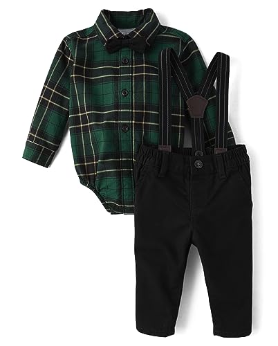 0196733898776 - THE CHILDRENS PLACE BABY BOYS AND NEWBORN LONG SLEEVE DRESS SHIRT AND PANTS 2-PIECE, GREEN PLAID SET, 0-3 MONTHS