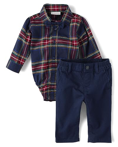 0196733898851 - THE CHILDRENS PLACE BABY BOYS AND NEWBORN LONG SLEEVE DRESS SHIRT AND PANTS 2-PIECE, TIDAL PLAID SET, 0-3 MONTHS