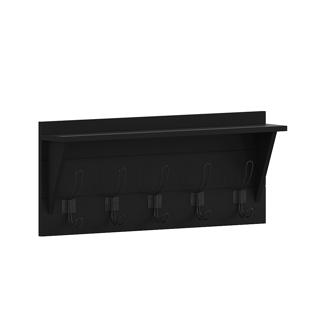 0196861030574 - FLASH FURNITURE DALY WALL MOUNTED STORAGE RACK - BLACK SOLID PINE WOOD - 24 INCH - 5 HANGING HOOKS - FOR ENTRYWAY, KITCHEN, BATHROOM