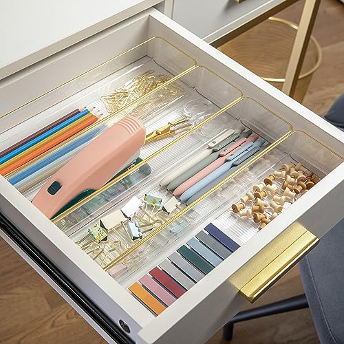 0196861046834 - MARTHA STEWART KERRY PLASTIC STACKABLE OFFICE DESK DRAWER ORGANIZERS, 9 X 3, 8 PACK, WITH GOLD TRIM