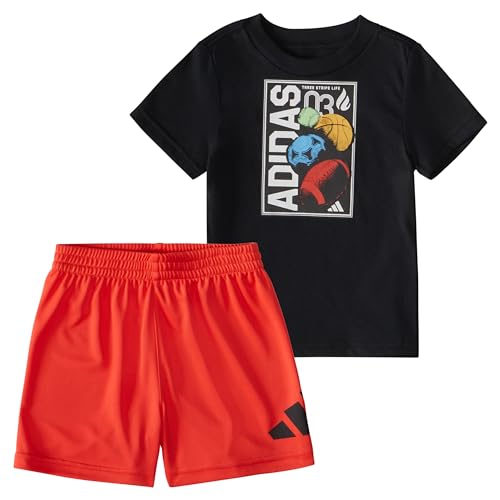 0197235196759 - ADIDAS BABY BOYS SHORT SLEEVE T-SHIRT AND POLY SHORTS 2-PIECE SET, BLACK AND RED, 9 MONTHS