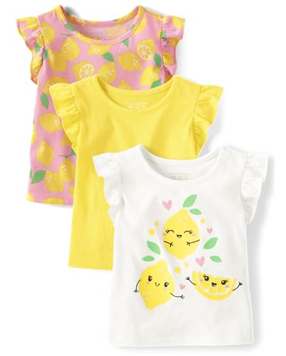 0197710017340 - THE CHILDRENS PLACE BABY GIRLS AND TODDLER SHORT SLEEVE SHIRTS, LEMON DAISIES FLUTTER TOP 3-PACK