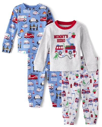 0197710046623 - THE CHILDRENS PLACE BABY BOYS AND TODDLER LONG SLEEVE TOP AND PANTS SNUG FIT 100% COTTON 4 PIECE PAJAMA SET, RESCUE SQUAD/MOMS HERO
