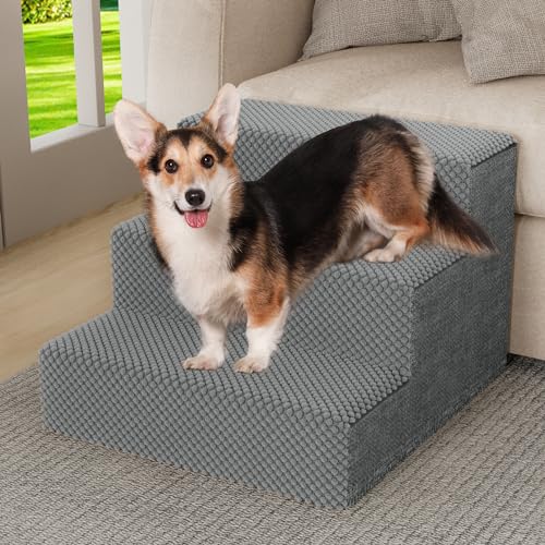0197839058682 - DOG STAIRS FOR HIGH BED AND COUCH, PREMIUM FOAM DOG STEPS FOR SMALL DOGS, OLDER PETS, NON-SLIP PET STAIRS WITH HIGH-STRENGTH BOARDS, REMOVABLE WASHABLE COVER, 3 TIERS GREY