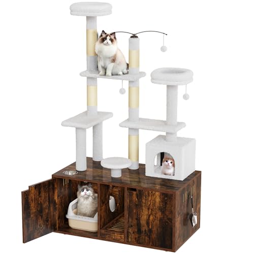 0197839065789 - YITAHOME 71 INCH CAT TREE WITH DOUBLE CAT LITTER BOX ENCLOSURE, LITTER BOX FURNITURE HIDDEN FOR 2 CATS, ALL-IN-ONE LITTER BOX FURNITURE WITH CAT TOWER CONDO FOOD STATION AND LARGE PLATFORM, BROWN