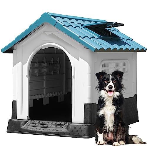 0197839192485 - YITAHOME 33.1 FOLDING LARGE DOG HOUSE OUTDOOR PLASTIC DOGHOUSE WITH ADJUSTABLE SKYLIGHT AND ELEVATED BASE WATER RESISTANT PET HOUSE FOR SMALL, MEDIUM DOGS (33.1L*27.6W*30H)