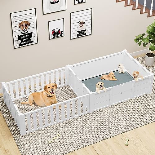 0197839214200 - YITAHOME WHELPING BOX FOR DOGS WITH WATER-RESISTANT FLOOR MAT 78 L×39.4 W INDOOR WOODEN DOG PEN WITH DOUBLE ROOMS FOR LARGE MEDIUM SMALL DOGS PUPPIES