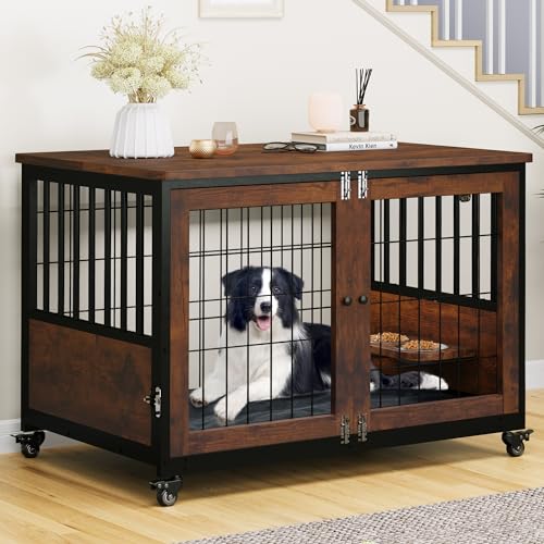 0197839589117 - YITAHOME DOG KENNEL FURNITURE WITH FEEDER BOWLS, 38.1 DOG KENNEL END TABLE WITH WHEELS AND FLIP TOP, FURNITURE STYLE DOG CRATE FOR MEDIUM/LARGE DOGS, BROWN