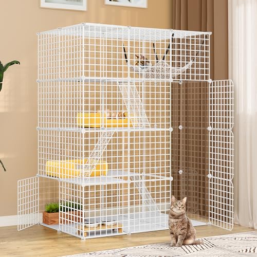 0197839597969 - YITAHOME LARGE CAT CAGE INDOOR ENCLOSURE METAL WIRE 4-TIER KENNELS DIY CAT PLAYPEN WITH LARGE HAMMOCK FOR 1-3 CATS WHITE