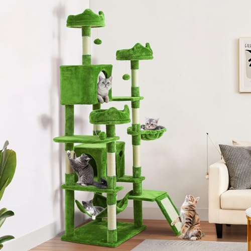 0197839608047 - YITAHOME TALL CAT TREE FOR INDOOR CATS, 75 INCH MULTI-LEVEL CAT TOWER WITH CAT CONDOS, TOP PERCHES, SISAL RAMP SCRATCHING POSTS, COZY BASKET, HAMMOCKS, LARGE CAT PET ACTIVITY STRUCTURE, GREEN