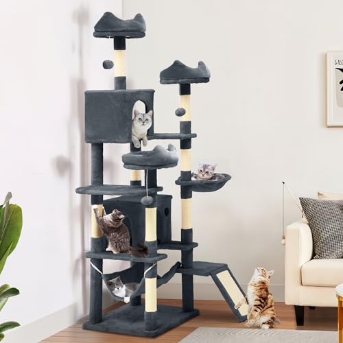 0197839618534 - YITAHOME TALL CAT TREE FOR INDOOR CATS, 75 INCH MULTI-LEVEL CAT TOWER WITH CAT CONDOS, TOP PERCHES, SISAL RAMP SCRATCHING POSTS, COZY BASKET, HAMMOCKS, LARGE CAT PET ACTIVITY STRUCTURE,DARK GREY