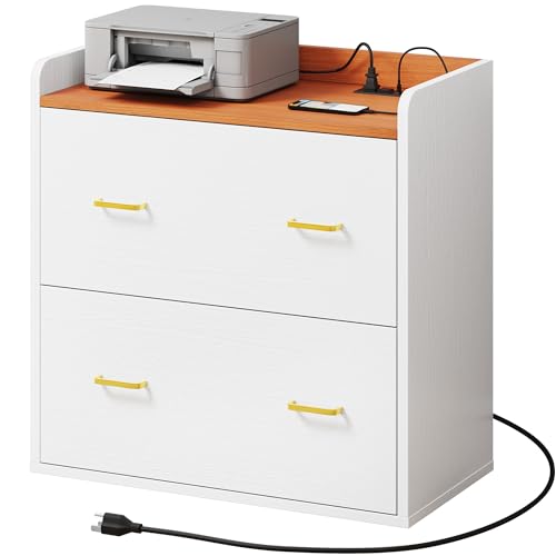 0197839778443 - YITAHOME FILE CABINET WITH CHARGING STATION, LARGE LATERAL FILING CABINET FOR HOME OFFICE, GOLD AND WHITE