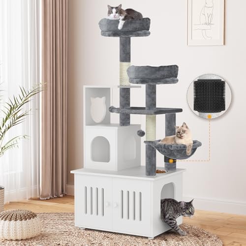 0197839806603 - YITAHOME 59 INCH CAT TREE WITH LITTER BOX ENCLOSURE, 2-IN-1 CAT FURNITURE CONDO, INDOOR CAT TOWER WITH WOOD HOUSE, PERCH, FEEDING STATION, HAMMOCKS, SCRATCH POST, HAIR BRUSH, WHITE