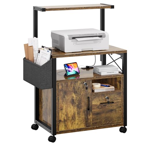 0197839810563 - YITAHOME PRINTER STAND, WOOD LATERAL FILE CABINET WITH SOCKET AND USB CHARGING PORT, LOCKING OFFICE PRINTER TABLE WITH STORAGE AND CASTERS FOR HOME OFFICE, BROWN