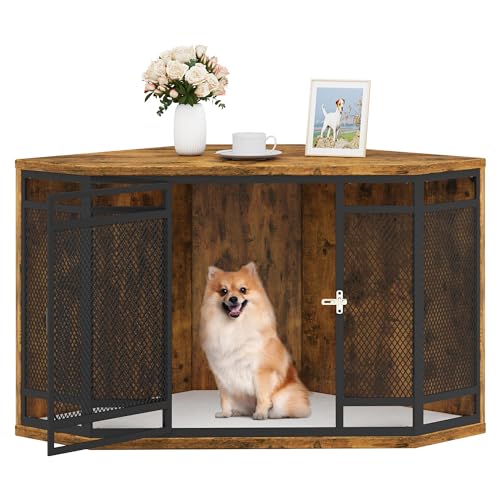 0197839953444 - YITAHOME CORNER DOG CRATE, 43.7 INCH DOG KENNEL FURNITURE WITH METAL MESH, WOODEN DOG CRATE END TABLE, SMALL MEDIUM LARGE DOGS, BROWN
