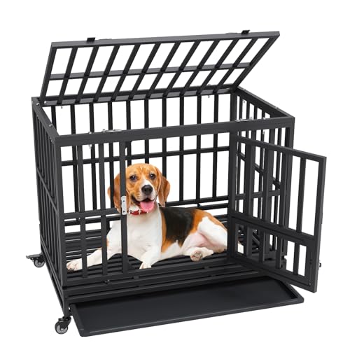 0197988005575 - VEVOR 38 INCH HEAVY DUTY DOG CRATE, INDESTRUCTIBLE DOG CRATE, 3-DOOR HEAVY DUTY DOG KENNEL FOR MEDIUM TO LARGE DOGS WITH LOCKABLE WHEELS AND REMOVABLE TRAY, HIGH ANXIETY DOG CRATE FOR INDOOR & OUTDOOR