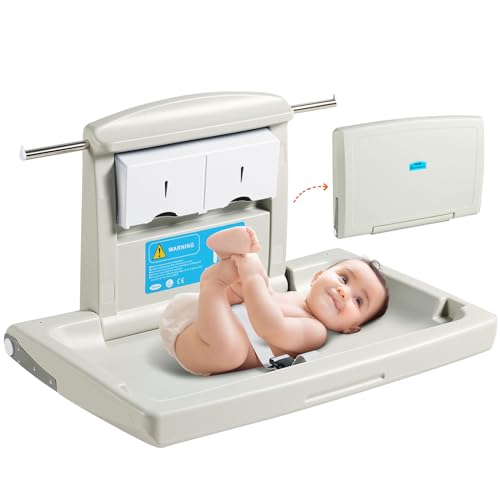 0197988006190 - VEVOR WALL-MOUNTED BABY CHANGING STATION, HORIZONTAL FOLDABLE DIAPER CHANGE TABLE WITH SAFETY STRAPS AND HANGING RODS, USE IN COMMERCIAL BATHROOMS, DAYCARE CENTERS FOR NEWBORNS & INFANT