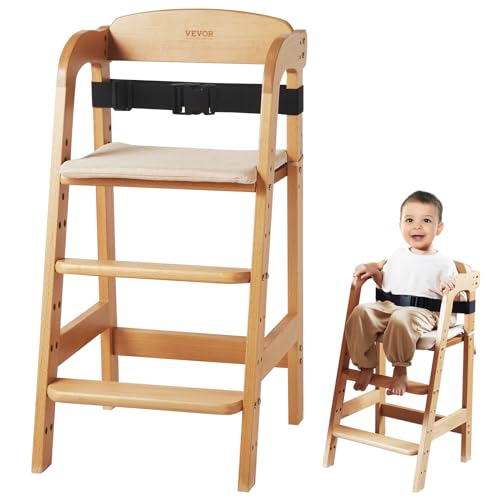 0197988012849 - VEVOR WOODEN HIGH CHAIR FOR BABIES & TODDLERS, CONVERTIBLE ADJUSTABLE FEEDING CHAIR, EAT & GROW HIGH CHAIR WITH SEAT CUSHION, PORTABLE BABY DINING BOOSTER SEAT, BEECH WOOD TODDLER CHAIR, NATURAL