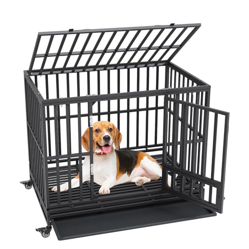 0197988013082 - VEVOR 47 INCH HEAVY DUTY DOG CRATE, INDESTRUCTIBLE DOG CRATE, 3-DOOR HEAVY DUTY DOG KENNEL FOR MEDIUM TO LARGE DOGS WITH LOCKABLE WHEELS AND REMOVABLE TRAY, HIGH ANXIETY DOG CRATE FOR INDOOR & OUTDOOR