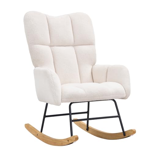 0197988063360 - VEVOR ROCKING CHAIR NURSERY, GLIDER ROCKING CHAIR WITH SOFT SEAT AND HIGH BACKREST, TEDDY FABRIC, UPHOLSTERED GLIDER ROCKER CHAIR FOR NURSERY, BEDROOM, LIVING ROOM, IVORY WHITE