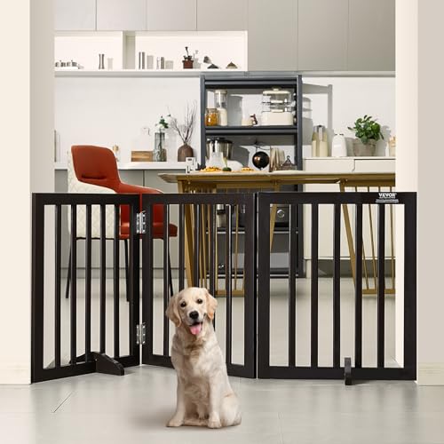 0197988077015 - VEVOR FREE STANDING DOG GATE, WOODEN FREESTANDING PET GATE 24 H X 60 W, 3 PANELS FOLDABLE DOG GATE FOR WIDE AND NARROW PASSAGEWAYS, EXPANDABLE DOG BARRIER WITH SILENT FOOT SUPPORT FOR INDOOR, BROWN