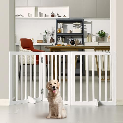 0197988077374 - VEVOR FREE STANDING DOG GATE, WOODEN FREESTANDING PET GATE 24 H X 60 W, 3 PANELS FOLDABLE DOG GATE FOR WIDE AND NARROW PASSAGEWAYS, EXPANDABLE DOG BARRIER WITH SILENT FOOT SUPPORT FOR INDOOR, WHITE