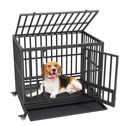 0197988207825 - VEVOR 42 INCH HEAVY DUTY DOG CRATE, INDESTRUCTIBLE DOG CRATE, 3-DOOR HEAVY DUTY DOG KENNEL FOR MEDIUM TO LARGE DOGS WITH LOCKABLE WHEELS AND REMOVABLE TRAY, HIGH ANXIETY DOG CRATE FOR INDOOR & OUTDOOR