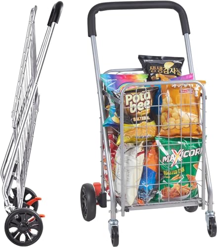 0197988215202 - VEVOR FOLDING SHOPPING CART, 66 LBS MAX LOAD CAPACITY, GROCERY UTILITY CART WITH ROLLING SWIVEL WHEELS, HEAVY DUTY FOLDABLE LAUNDRY BASKET TROLLEY COMPACT LIGHTWEIGHT COLLAPSIBLE FOR LUGGAGE, SILVER