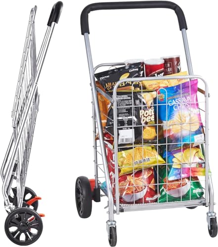 0197988215219 - VEVOR FOLDING SHOPPING CART, 110 LBS STATIC LOAD CAPACITY, GROCERY UTILITY CART WITH ROLLING SWIVEL WHEELS, HEAVY DUTY FOLDABLE LAUNDRY BASKET TROLLEY COMPACT LIGHTWEIGHT COLLAPSIBLE LUGGAGE, SILVER