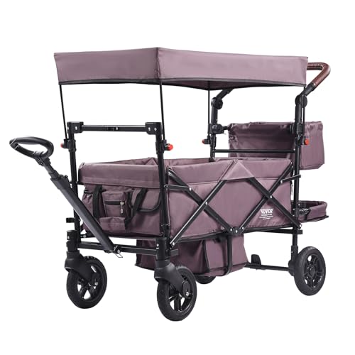 0197988217923 - VEVOR WAGON STROLLER FOR 2 KIDS, PUSH PULL QUAD COLLAPSIBLE STROLLER WITH ADJUSTABLE HANDLE, ENCIRCLING HARNESS REMOVABLE CANOPY,4 WHEELS W/BRAKES,MUTIFUNCTION TANDEM STROLLER FOR CAMPING DARK PURPLE