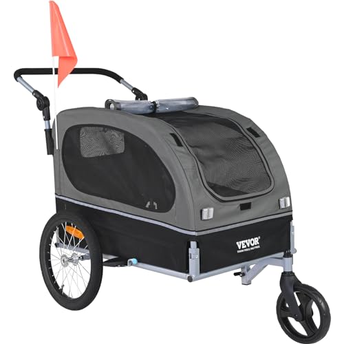 0197988250265 - VEVOR DOG BIKE TRAILER, SUPPORTS UP TO 88 LBS, 2-IN-1 PET STROLLER CART BICYCLE CARRIER, EASY FOLDING CART FRAME WITH QUICK RELEASE WHEELS, UNIVERSAL BICYCLE COUPLER, REFLECTORS, FLAG, BLACK/GRAY