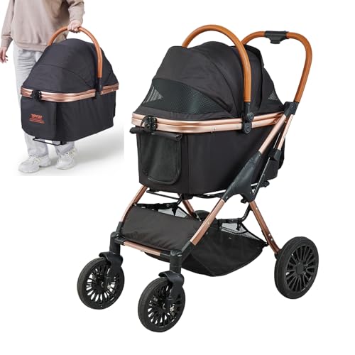 0197988266297 - VEVOR PET STROLLER, 4 WHEELS DOG STROLLER ROTATE WITH BRAKES, 66 LBS WEIGHT CAPACITY, PUPPY STROLLER WITH DETACHABLE CARRIER, STORAGE BASKET AND PET PAD, FOR SMALL TO MEDIUM SIZED DOGS, BLACK